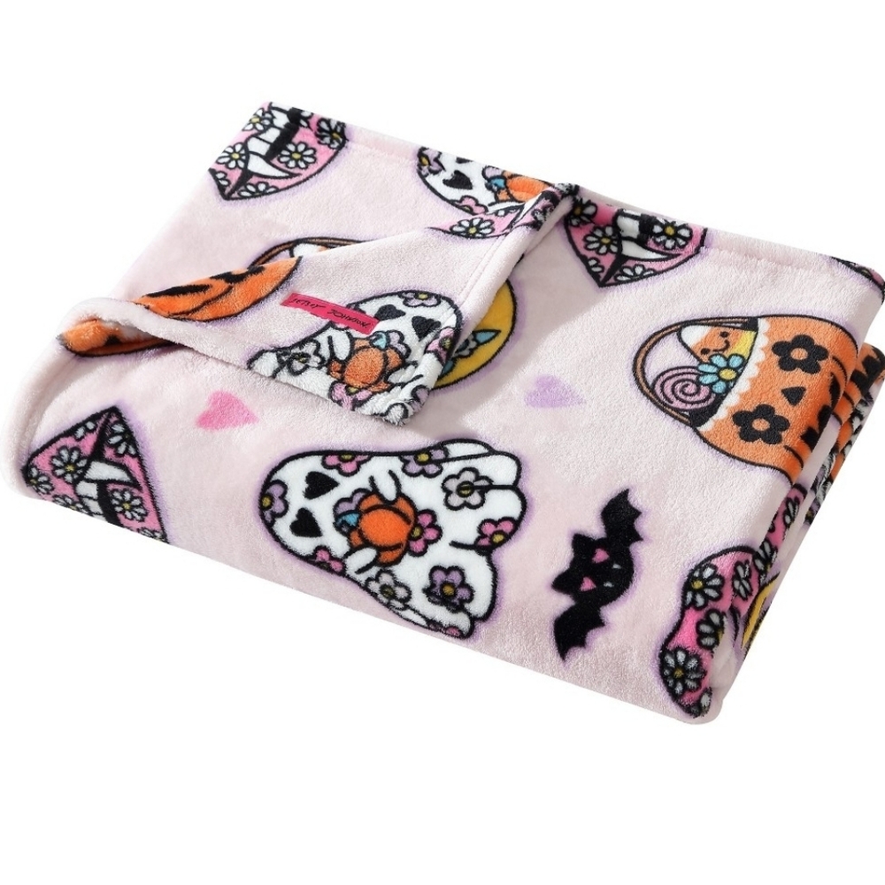 Betsey Johnson Halloween Throw Blanket Pink Ghost Fang Bat Pumpkin